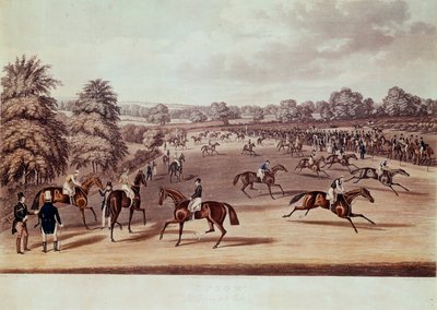 Hevoskilpailut Epsomissa ennen lähtöä Kuvitus James Pollard (1792-1867) 1800-luku Yksityinen kokoelma tekijältä James Pollard