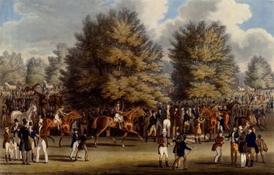 Saddling in the Warren, printti Charles Hunt, 1836 (akvatinta) tekijältä James Pollard