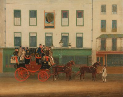 London-Manchester Stage Coach, "Piikin Peveril", Peacock Innin ulkopuolella, Islington tekijältä James Pollard