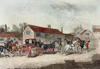 R. Havellin kaiverrettu postivalmentaja vaihtamassa hevosia, 1815 tekijältä James Pollard