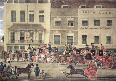 West Country Mails Gloucester Coffee Housessa, Piccadillyssa, kaiverrus C. Rosenberg, 1828 tekijältä James Pollard