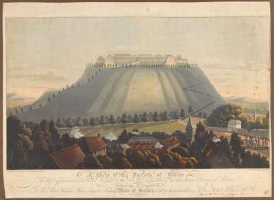 Näkymä Bitchen linnoitukselle. Brittiläisten sotavankien rangaistusvarasto, 1799 tekijältä James Rouse