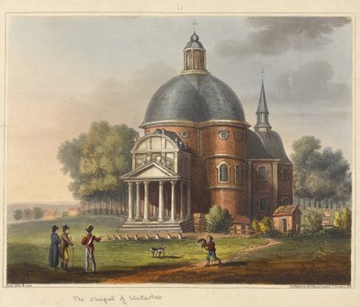 Waterloon kappeli, "Historiallinen kertomus Waterloon taistelusta", 1817 (värillinen akvatinta) tekijältä James Rouse