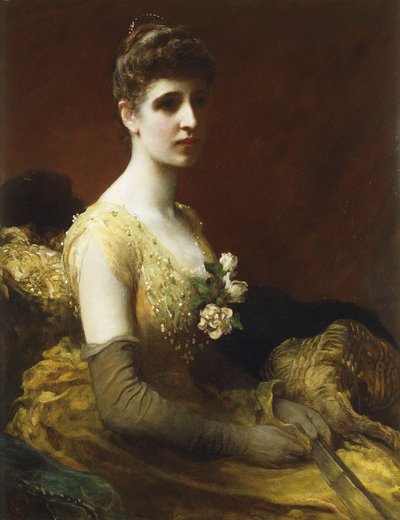 Lady Dixon of Rhedan muotokuva, kolme neljäsosaa, istuu yllään keltaisessa mekossa, jossa on kukkaviuhka, tekijältä James Sant