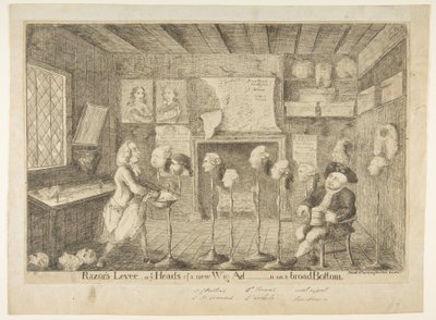 Razors Levée eli Ye Heads of a New Wig Ad [hallinnon] laajalla pohjalla, 21. huhtikuuta 1783. tekijältä James Sayers