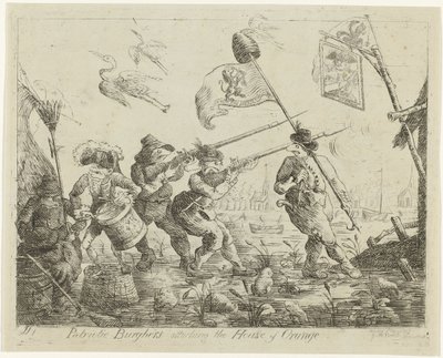 Spotprent op Goejanverwellesluis, 1787 Isänmaalliset hampurilaiset hyökkäävät House of Orangen kimppuun (otsikko esineessä) tekijältä James Sayers