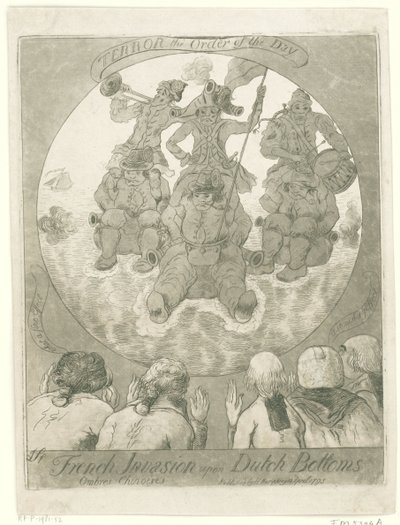 Spotprent op de Franse Invasie, 1795 Ranskan hyökkäys hollantilaisten pohjalle. Ombres Chinoises / Terror The Order of the Day (otsikko esineessä) tekijältä James Sayers