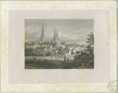 Lichfieldin katedraali - Luoteisnäkymä (kaukainen): kaiverrus, nd [c 1816] (tulostus) tekijältä James Storer