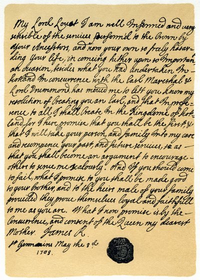 James Edward Stuartin kirje Simon Fraserille, Lord Lovatille, St Germainsille, 3. toukokuuta 1703. tekijältä James Stuart