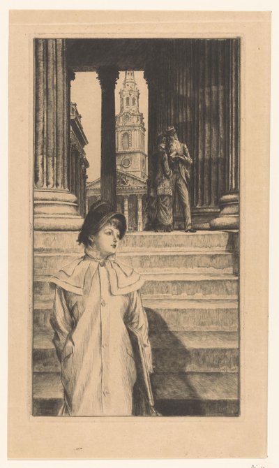 Nuori nainen kävelee Lontoon National Galleryn portaita alas tekijältä James Tissot