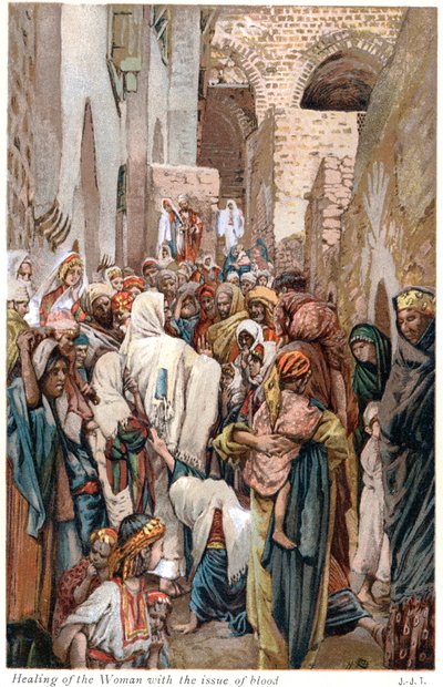 Nainen, jolla on verenvuoto koskettamassa Jeesuksen vaatteen reunaa ja parantumassa, n. 1890 tekijältä James Tissot