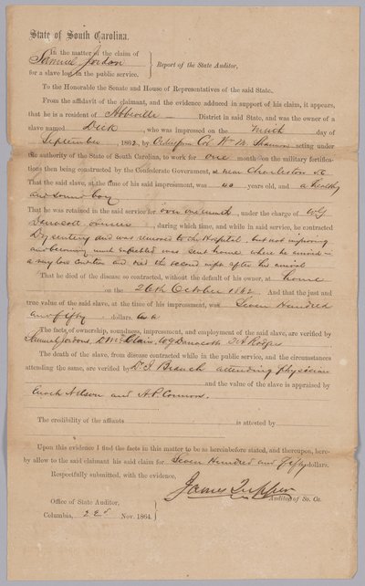 Etelä-Carolinan konfederaation osavaltion myöntämä vaatimus orjuutetusta miehestä Dickistä, 23. marraskuuta 1864. tekijältä James Tupper