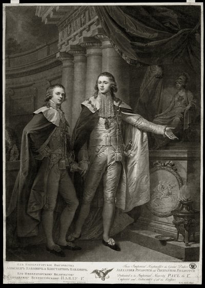 Muotokuvia Venäjän suurruhtinaista Aleksanteri I Pavlovichista (1777-1825) ja Konstantin Pavlovichista (1779-1831). James Walkerin teos (1748-noin 1808), kaiverrus 1797. Englantilainen taide tekijältä James Walker