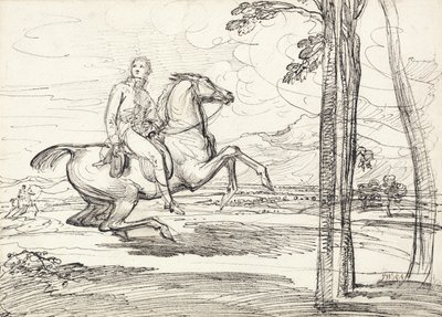 Ratsasmies maisemassa, luultavasti tutkimus "Theophilus Levett Fox Hunting in Wychnor Park" tekijältä James Ward