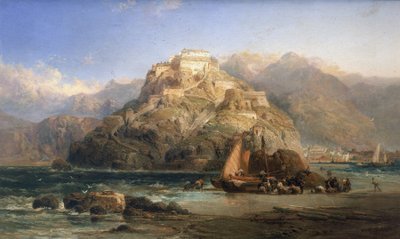 Näkymä San Sebastianiin (Espanja), keskellä Urgull-vuori ja Santa Cruz de la Motan linnan rakennukset. James Webbin (toiminut vuosina 1853-1888) öljy kankaalle. tekijältä James Webb