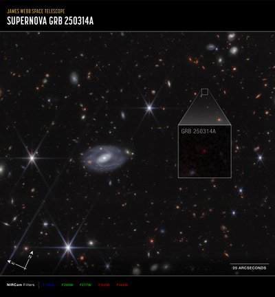 GRB 250314A:n lähikuva (Compass-satelliitin NIRCam-kuva) tekijältä James Webb Space Telescope (NASA)