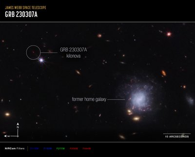 Kilonova ja isäntä Galaxy Compass -kuva tekijältä James Webb Space Telescope (NASA)