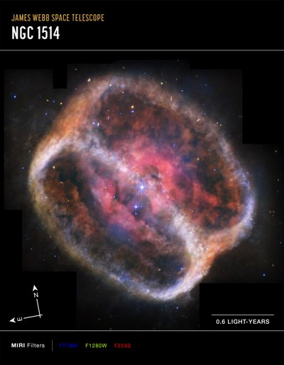 Planeettasumu NGC 1514 (MIRI Compass -kuva) tekijältä James Webb Space Telescope (NASA)