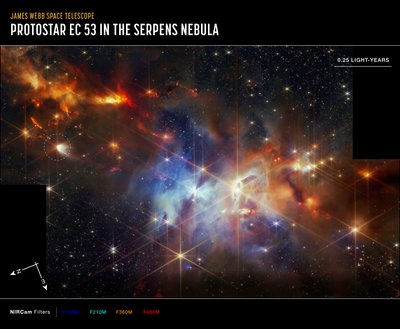 Prototähti EC 53 Serpens-sumussa (NIRCam Compass -kuva) tekijältä James Webb Space Telescope (NASA)
