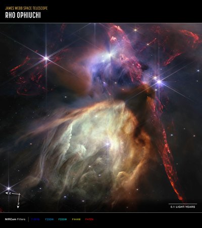 Rho Ophiuchi (NIRCam-kompassikuva) tekijältä James Webb Space Telescope (NASA)