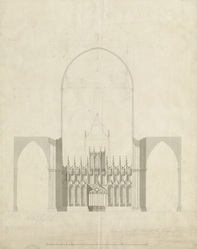 Lichfieldin katedraalin sisustus - Sisäänkäynti kuorosta naveen: piirustus ja pesu, nd [c 1780] tekijältä James Wyatt