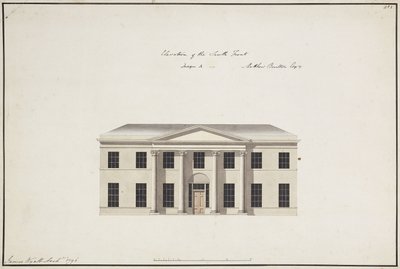 Soho House: Pohjakerroksen suunnitelma; Makuuhuoneen kerrossuunnitelma; Etelärintaman korkeus, malli A, etelärintaman korkeus, malli B ja pohjoisrintaman korkeus, 1796 tekijältä James Wyatt