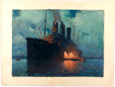 Kuljetuslaivan hiillostaminen yöllä, noin 1919 (öljy kartongille). tekijältä James de Vine Aylward