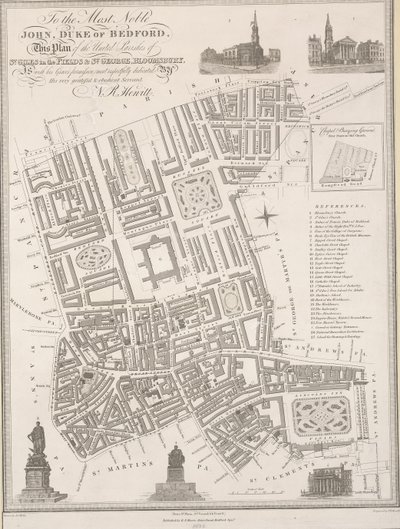 Jaloimmalle Johnille, Bedfordin herttualle. Tämä suunnitelma Bloomsburyn St. Giles in the Fieldsin ja St. Georgen yhdistyneistä seurakunnista... tekijältä James the Elder Wyld