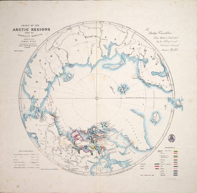 Arktisten alueiden kartta Amiraliteetin kartoituksista, kolmas painos, noin 1854 (kaiverrus). tekijältä James the Younger Wyld