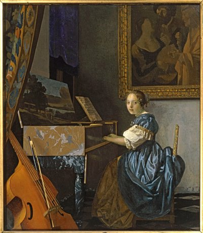 Nuori nainen istuu neitseellisen ... (maalaus kankaalle) tekijältä Jan (1632-75) Vermeer