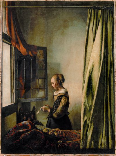 Nainen lukee kirjettä avoimen ikkunan ääressä (öljy kankaalle) tekijältä Jan (1632-75) Vermeer