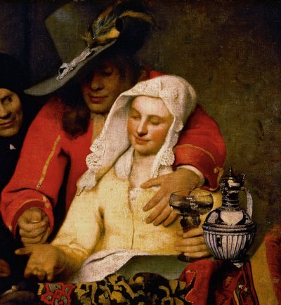 Mies ojentaa kolikon naiselle, joka koskettaa hänen rintaansa, yksityiskohta Procuressista tekijältä Johannes Vermeer