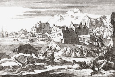 Maanjäristys 1692 Port Royalissa Jamaikalla. tekijältä Jan (after) Luyken