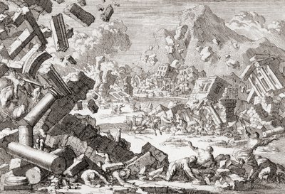 Maanjäristys 1667 Dubrovnikissa, Kroatiassa. tekijältä Jan (after) Luyken