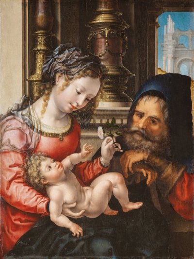 Pyhä perhe - maalaus Jan Gossaert dit Mabuse (noin 1478-1532), öljy puulle, noin 1527-1530, 55,9x42 cm - Pyhä perhe, öljy puulle, Jan Gossaert - Museo de Bellas Artes de Bilbao tekijältä Jan (c.1472 c.1533) Gossaert