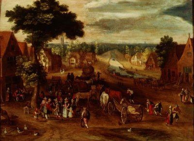 Kylä matkustajien kanssa majatalon ulkopuolella tekijältä Jan (follower of) Brueghel