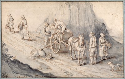 Talonpojat lastaamassa yhden hevoskärryä juureksia (kynä & muste pesulla paperille) tekijältä Jan (follower of) Brueghel