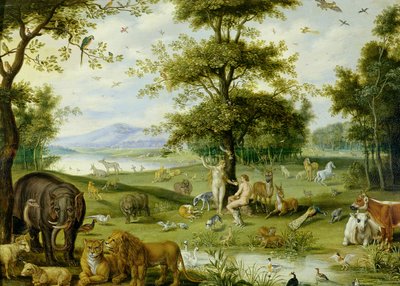 Aadam ja Eeva Eedenin puutarhassa, n. 1600 (öljy paneelille) tekijältä Jan (studio of) Brueghel