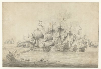 Meritaistelu, mahdollisesti Lowestoftissa 13. kesäkuuta 1665 (oikea lehti) tekijältä Jan Abrahamsz. Beerstraten (possibly)