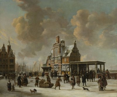 Paalhuis ja Nieuwe Brug, Amsterdam, talvella tekijältä Jan Abrahamsz. Beerstraten