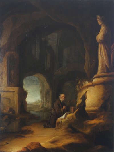 Erakko rukoilemassa luolassa, jossa on klassisia raunioita tekijältä Jan Adriansz van Staveren