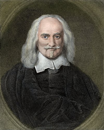 Thomas Hobbesin (1588-1679) muotokuva englantilaisesta filosofista. 1800-luvun värikaiverrus. tekijältä Jan Baptist (after) Jaspers