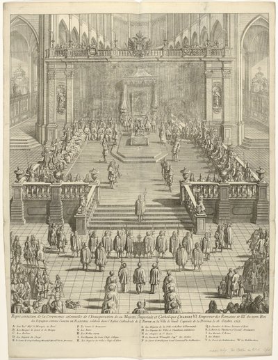 Inhuldiging van Keizer Karel VI als Graaf van Vlaanderen te Gent, 1717 Edustus hänen keisarillisen ja katolisen majesteetin Kaarle VI:n virkaanastujaisiin. Roomalaisten keisari ja Espanjan kolmas kuningas Flanderin kreivinä tekijältä Jan Baptist Berterham