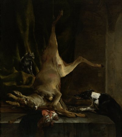 Koira ja kissa lähellä osittain irrotettua peuraa tekijältä Jan Baptist Weenix