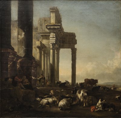 Italialainen maisema talonpoikia, karjaa ja lampaita klassisten raunioiden äärellä, noin 1650-luku (öljy kankaalle) tekijältä Jan Baptist Weenix