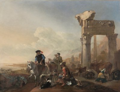 Metsästäjät raunioiden lähellä tekijältä Jan Baptist Weenix