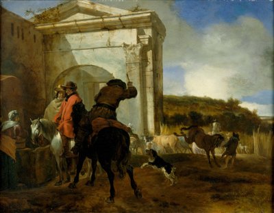 Italialainen maisema, jossa ratsumiehiä kevään äärellä tekijältä Jan Baptist Weenix