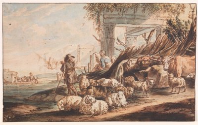 Paimen lammaslauman ja lehmän kanssa raunioiden keskellä tekijältä Jan Baptist Weenix
