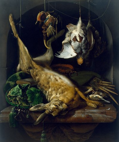 Asetelma kuolleen jänisen, peltopyyn ja muiden lintujen kanssa markkinarakossa, n. 1675 tekijältä Jan Baptist Weenix