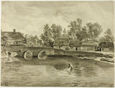 Mies kalastaa joessa lähellä kylää tekijältä Jan Baptiste de Jonghe